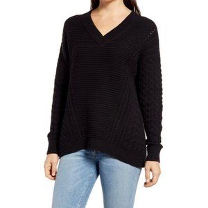 Caslon Sweater Womens L Black Mixed Cable-Knit V-Neck Long Sleeve Pullover